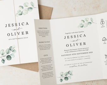 Greenery Wedding Invitation Set, Gatefold Luxury Wedding Invite, Sage Green Eucalyptus Wedding Invitations with Timeline and Envelopes