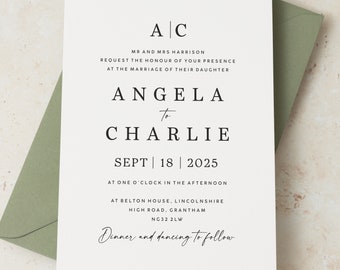 Initial Wedding Invitations, Elegant Wedding Invitations with Monogram Design, Minimal Wedding Invites, Evening Invite, Envelopes Included