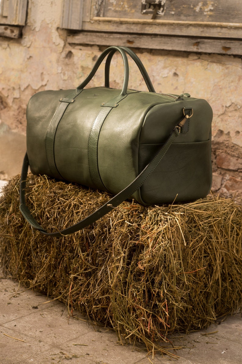 Weekender Bag, XL size, genuine leather bag, Duffel Leather Bag, Cabin bag, Vegetable Tanned bag, XXL, Green Leather image 1