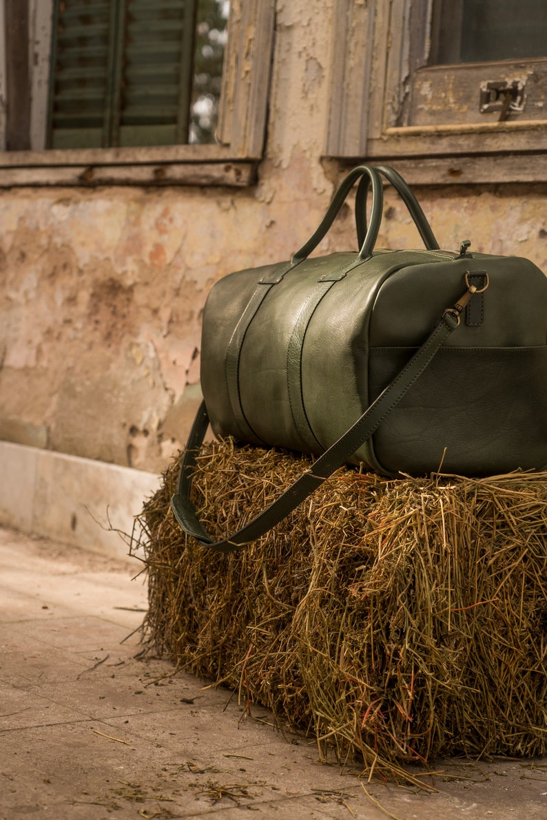 Weekender Bag, XL size, genuine leather bag, Duffel Leather Bag, Cabin bag, Vegetable Tanned bag, XXL, Green Leather image 2