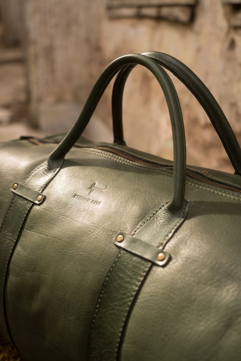 Weekender Bag, XL size, genuine leather bag, Duffel Leather Bag, Cabin bag, Vegetable Tanned bag, XXL, Green Leather image 4