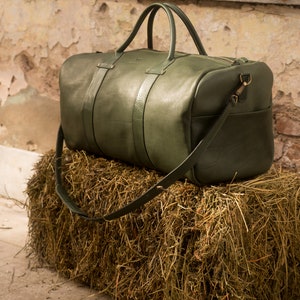 Weekender Bag, XL size, genuine leather bag, Duffel Leather Bag, Cabin bag, Vegetable Tanned bag, XXL, Green Leather image 3