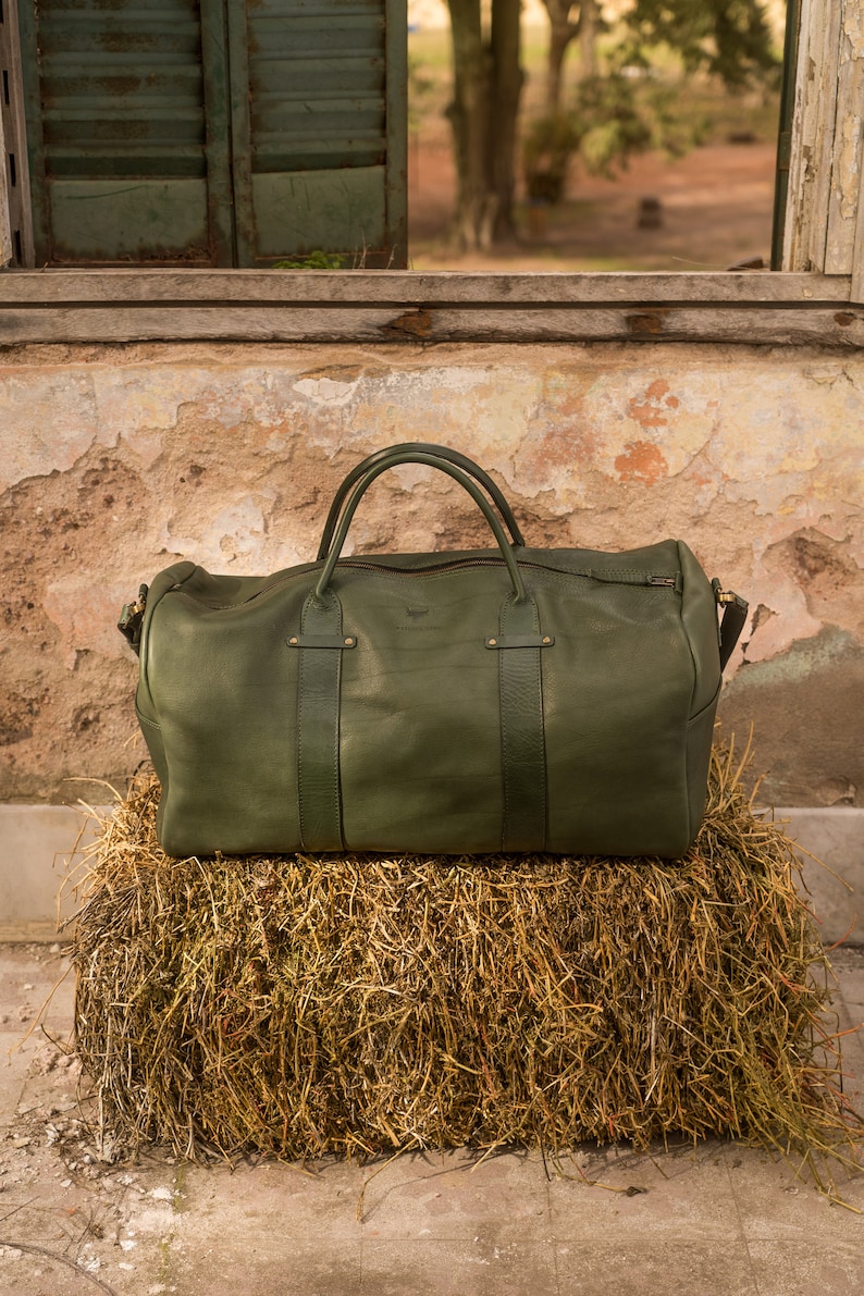 Weekender Bag, XL size, genuine leather bag, Duffel Leather Bag, Cabin bag, Vegetable Tanned bag, XXL, Green Leather image 7