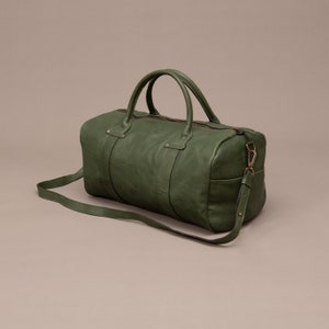 leather bag, vegetable tanned leather duffle bag, leather travel bag,  leather overnight bag, weekender bag, green leather bag