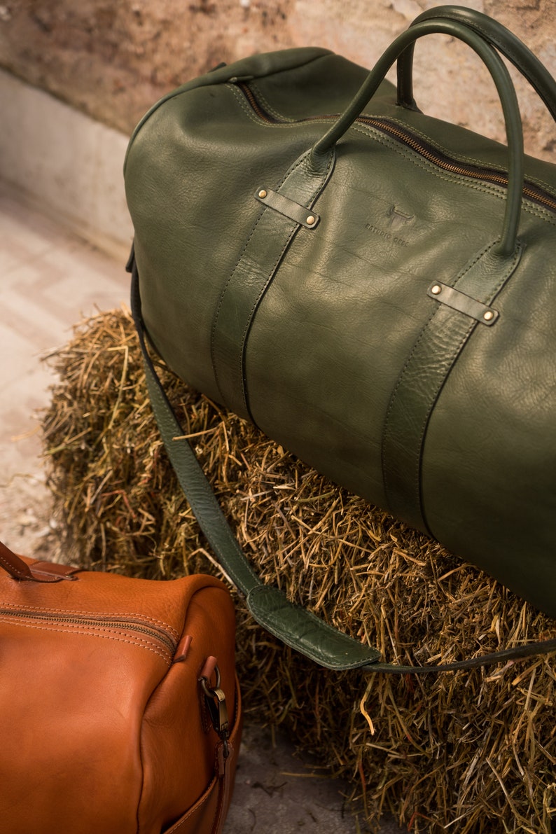 Weekender Bag, XL size, genuine leather bag, Duffel Leather Bag, Cabin bag, Vegetable Tanned bag, XXL, Green Leather image 8