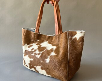 cowhide tote bag, leather tote