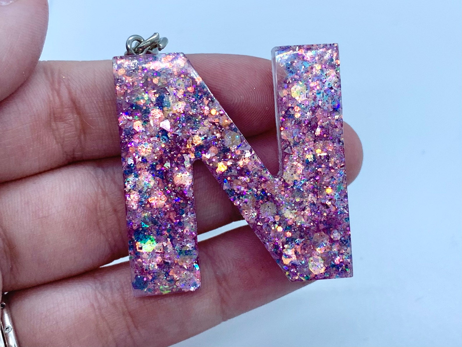 Resin letter N keychain iridescent glitter Opal unique gift Etsy