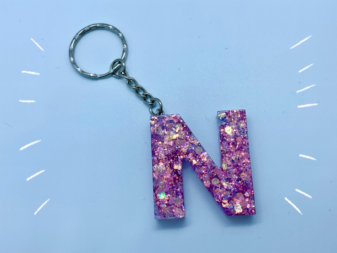 Resin letter N keychain iridescent glitter Opal unique gift Etsy