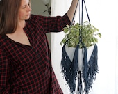 IN STOCK Macrame Blue Fringe Plant Hanger, Macrame Trim Plant Hanger, Hanging Planter, Big Plant Hanger, Cotton Cord Hanger, Eco-friendly