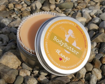 BodyButter *Mango* Feste Körperlotion 60 g zartschmelzender Kakaobutter/Sheabutter + antioxidativem Mandelöl, Hautpflege vegan Naturkosmetik