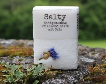 Salty - Handgemachte Naturseife 120g mit dem Salz der Urmeere – ohne Duft - Sanftes Peeling, Salzseife, Peelingseife, Steinsalz, vegan