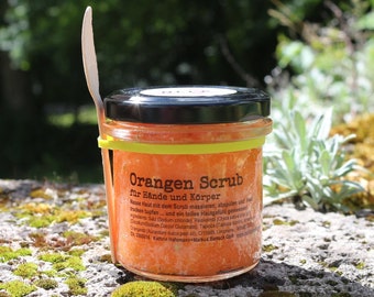 Naturkosmetik *Orangen Scrub* Körperpeeling, Hautpeeling, Peeling, Zitrus, Vegan, sanft zur Haut, Hautpflege, Salz, Reiskeimöl, Spa handmade