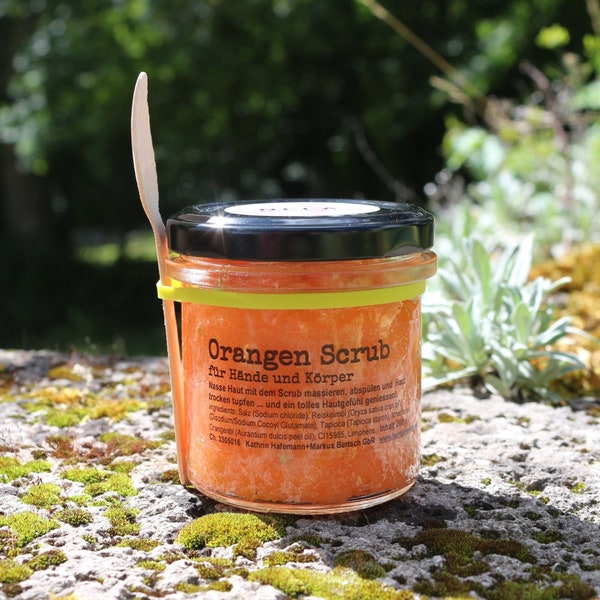 Naturkosmetik *Orangen Scrub* Körperpeeling, Hautpeeling, Peeling, Zitrus, Vegan, sanft zur Haut, Hautpflege, Salz, Reiskeimöl, Spa handmade