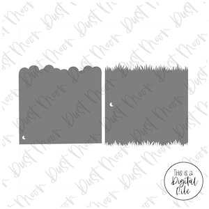 Pode incluir: Dois arquivos de corte digital para um projeto artesanal. Um arquivo é uma forma de nuvem e o outro é uma forma de grama. Ambos os arquivos são cinzentos.