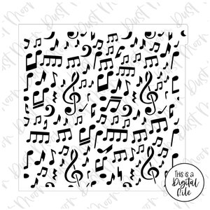 May include: Black and white digital file of a repeating pattern of musical notes. The notes are in various sizes and shapes, including treble clefs, quarter notes, eighth notes, and sixteenth notes.