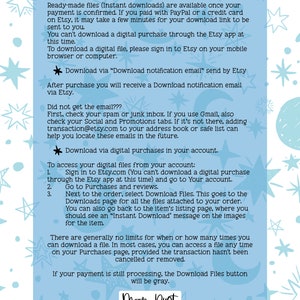 May include: A blue and white illustrated guide with stars and text explaining how to download digital items purchased on Etsy. The text includes instructions on how to access downloads via email and through the Etsy website. The guide also includes the text "Moon Dust Digitals" and a website address.