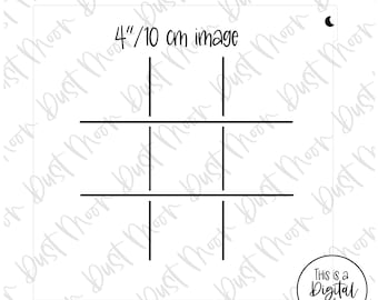May include: A black tic-tac-toe grid with the text "4"/10 cm image" and a small crescent moon icon. A circular graphic at the bottom right reads "This is a Digital File".