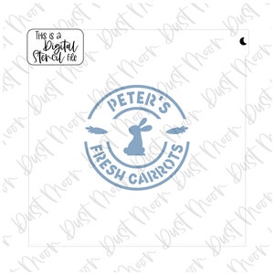 May include: A blue and white circular design with the text "Peter's Fresh Carrots" and a rabbit silhouette inside.