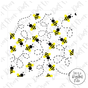 May include: A white background with a repeating pattern of black and yellow bees flying in a dotted line pattern.