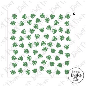 May include: A digital file featuring a repeating pattern of green tropical leaves on a white background.