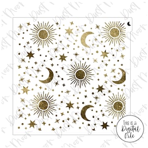 Könnte beinhalten: Eine digitale Datei mit einem Goldfolienmuster aus Sonnen, Monden und Sternen auf weißem Hintergrund. Das Muster ist perfekt für Bastelprojekte, Scrapbooking und mehr.