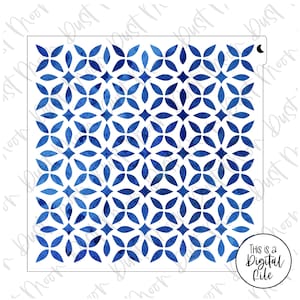 May include: A white stencil with a repeating blue floral pattern. The design features four-petal flowers and diamond shapes in a watercolor style. The text "This is a Digital File" is in a white circle.