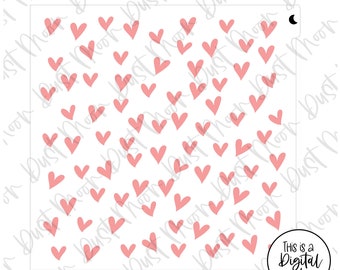 May include: A square stencil with a pattern of numerous pink hearts on a white background. The words "This is a Digital File" are in a circle in the lower right corner. A small black crescent moon is in the upper right corner.