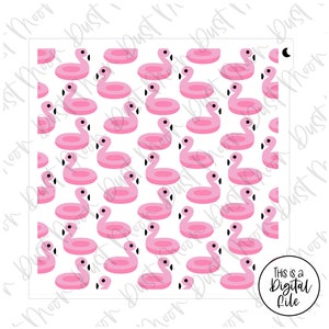 May include: A repeating pattern of pink flamingo pool floats on a white background. Each flamingo has a black eye and beak. The image includes the text "This is a Digital File" in a circular design.