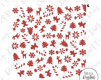 May include: Red Christmas themed stencil with a variety of holiday symbols including snowflakes, candy canes, reindeer, gingerbread men, and Christmas trees.