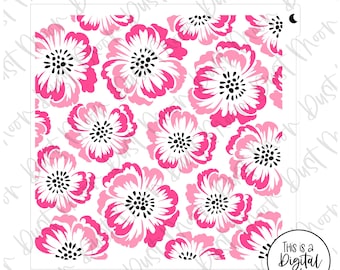 May include: A seamless pattern featuring pink and white flowers with black centers on a white background.
