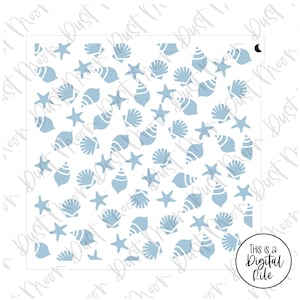 May include: A digital file of a seamless pattern featuring light blue seashells and starfish on a white background. This pattern is perfect for crafting projects, scrapbooking, and digital design.