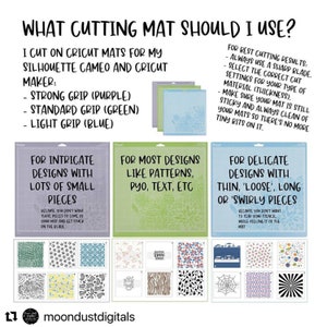 May include: A guide to using Cricut cutting mats for different types of projects. The guide shows three different mats: strong grip (purple), standard grip (green), and light grip (blue). Each mat has a description of the types of projects it is best suited for, such as intricate designs with lots of small pieces, most designs like patterns, pyo, text, etc., and delicate designs with thin, loose, long or swirly pieces.