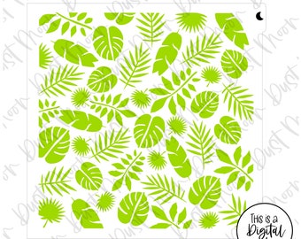 May include: A digital file featuring a green and white pattern of various tropical leaves. The leaves are arranged in a random pattern and include palm leaves, monstera leaves, and other tropical foliage.