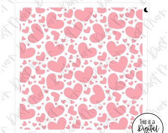 May include: A square stencil featuring a repeating pattern of pink hearts of varying sizes on a white background. The phrase "This is a Digital File" is printed on a circular label in the bottom right corner. The stencil is for crafting.