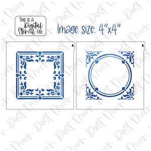 May include: Digital stencil file with two designs: a square and a circle, both featuring a blue floral pattern. The image size is 10.16 cm x 10.16 cm. The text reads "This is a Digital Stencil file".
