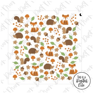 Könnte beinhalten: Ein sich wiederholendes Muster mit Füchsen, Eichhörnchen, Igeln, Pilzen, Eicheln und Blättern in Herbstfarben. Das Design enthält den Text "This is a Digital File" in einem Kreis. Das Farbschema ist braun, orange und grün.