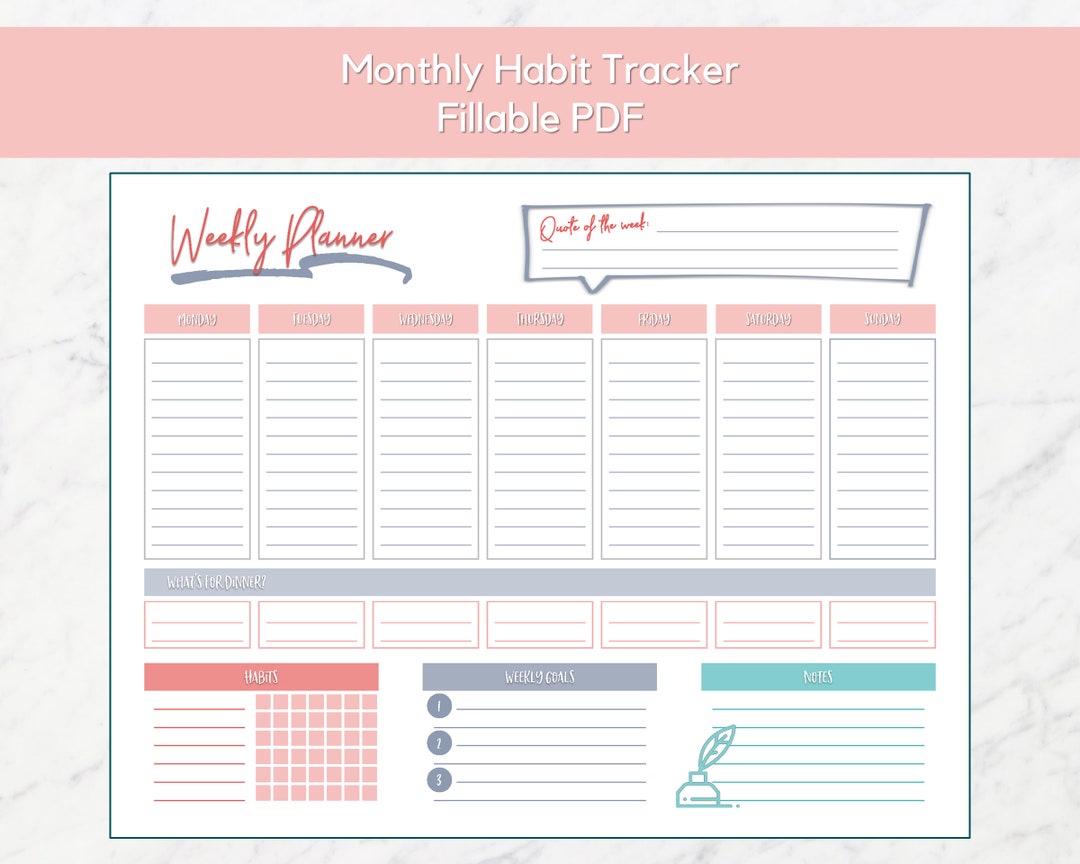 Weekly Printable Planner With Habit Tracker, Goals, Meal Plan & Quote ...