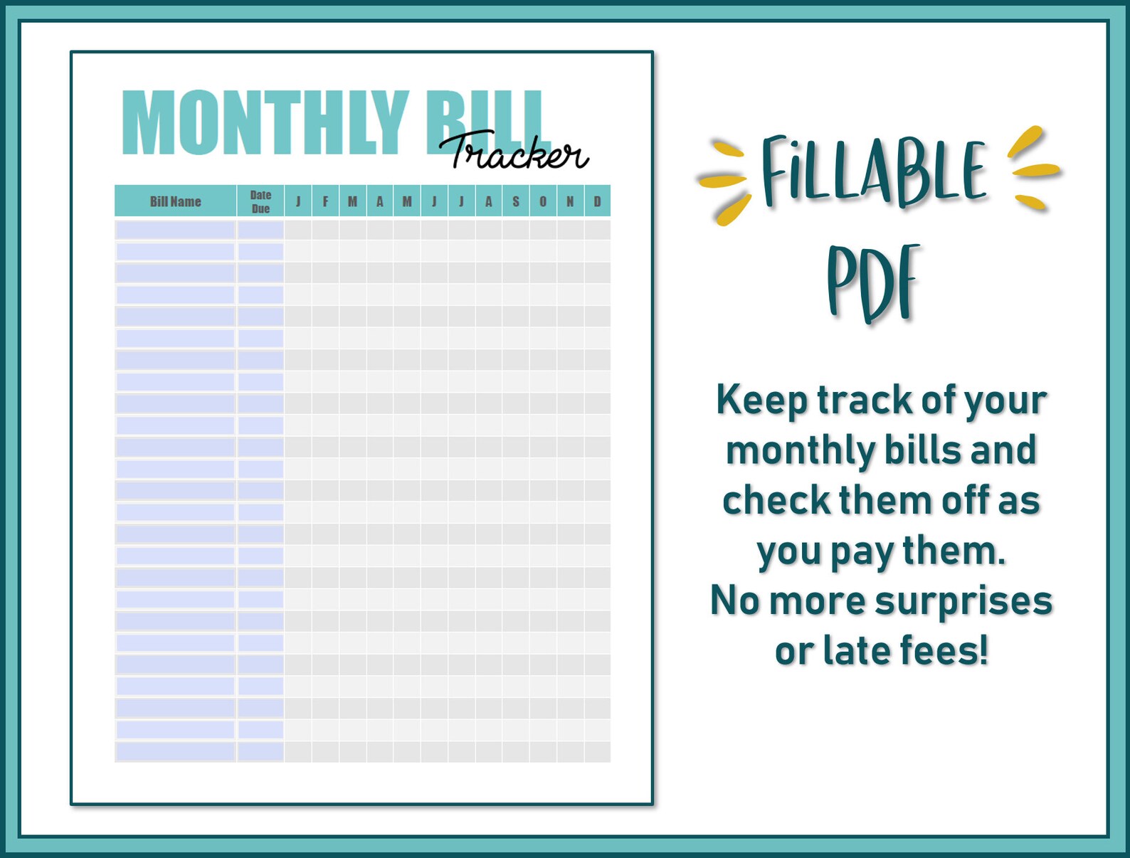 Monthly Bill Due Date Tracker Fillable Printable PDF Etsy