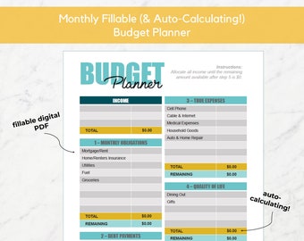 Monthly Budget Planner | Fillable & Auto-Calculating