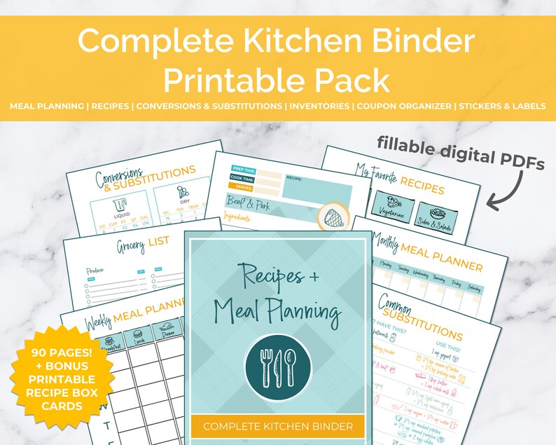 Complete Kitchen Printable Pack Recipe Binder, Meal Planning, Inventories, Food Storage Labels, Planner Stickers, & More image 1