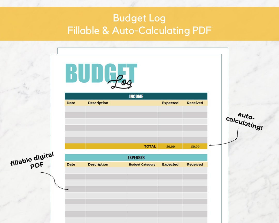 Monthly Budget Log | Fillable & Auto-calculating - Etsy