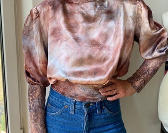 Vintage 80s Tie Dye High Neck blouse. Mutton sleeve cropped satin blouse with big shoulder pads. M size