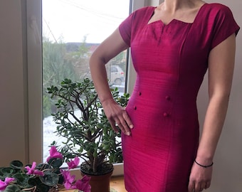 Vintage 80-90ss magenta pink raw silk mini dress. S size.