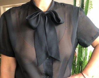 Vintage 50s, 60s black sheer blouse. Tie bow neck short sleeve ladies blouse. M/L size