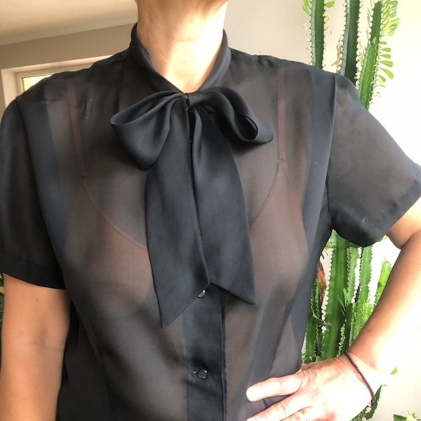 Vintage 50s, 60s black sheer blouse. Tie bow neck short sleeve ladies blouse. M/L size