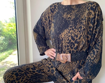 Vintage 80s Animal Print Jumpsuit. Tailored overall. M-L size