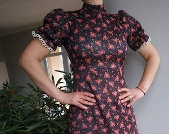 Vintage 60s prairie style maxi dress. Black with pink roses print, short puffy sleeve, stand up collar Hippie dress. S/M size