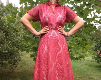 Vintage 70s red lace lined  prairie style maxi dress with tie neck. S-M size.