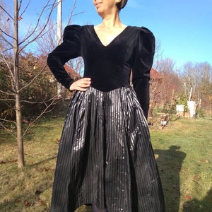 Vintage 80s Laura Ashley black velvet silver striped taffeta Ball Gown Dress with puff sleeves. M size.