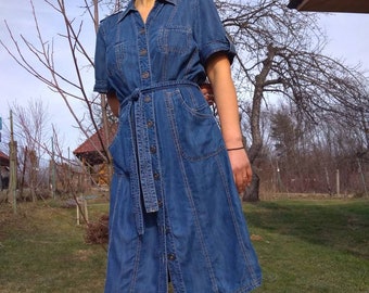 Vintage 90s Denim Shirtdress Long Sleeve Studio 25 Western Cowgirl Size Medium M